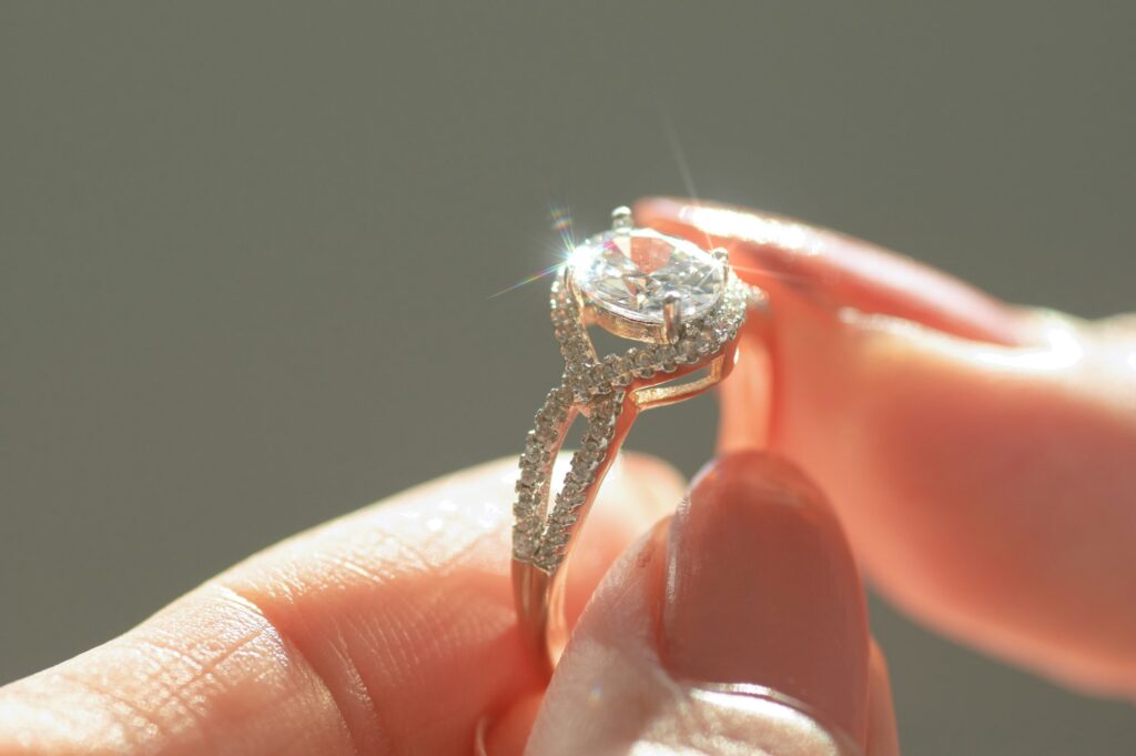 Close-up view of a diamond ring and woman hand