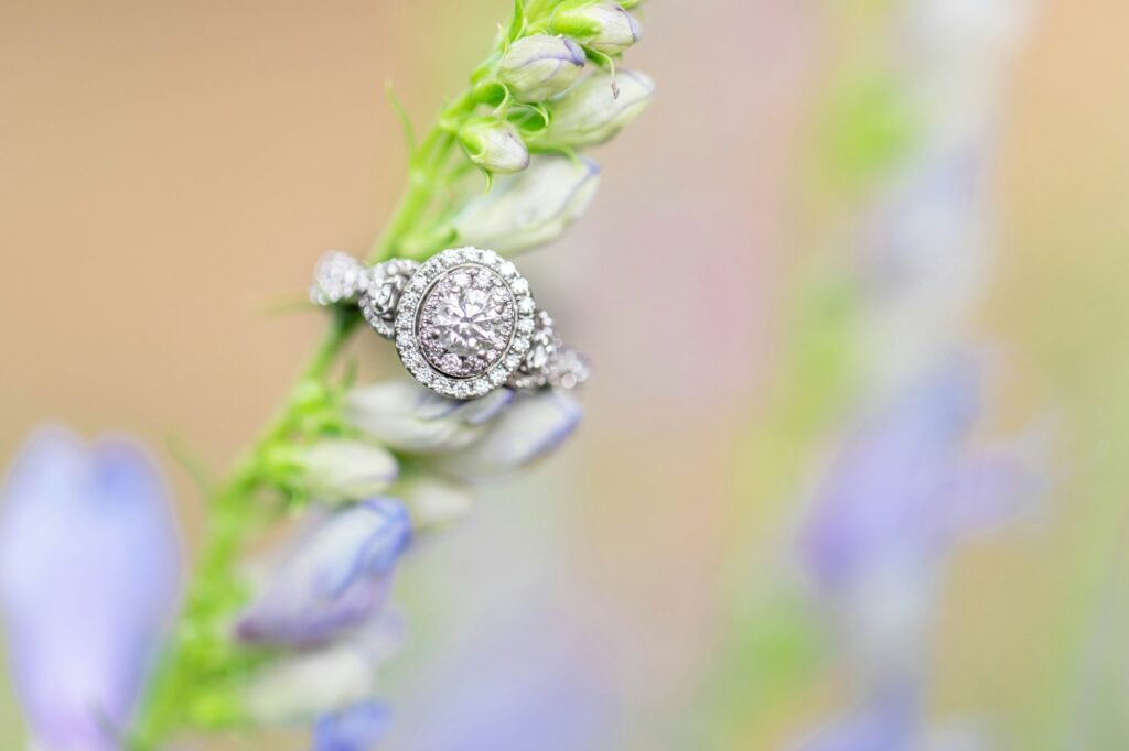 Diamond ring on snapdragon flowers